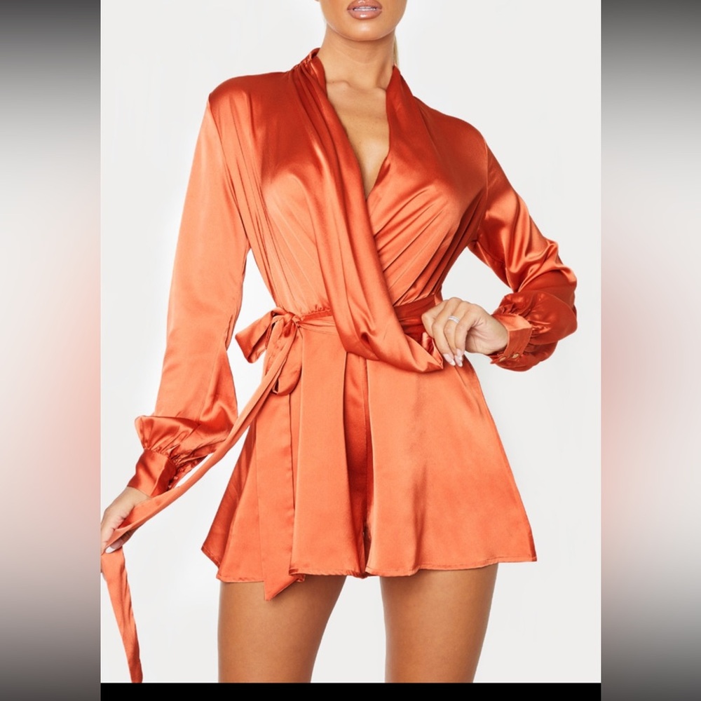 PrettyLittle Thing Rust Satin Drape Detail Long Sleeve Romper